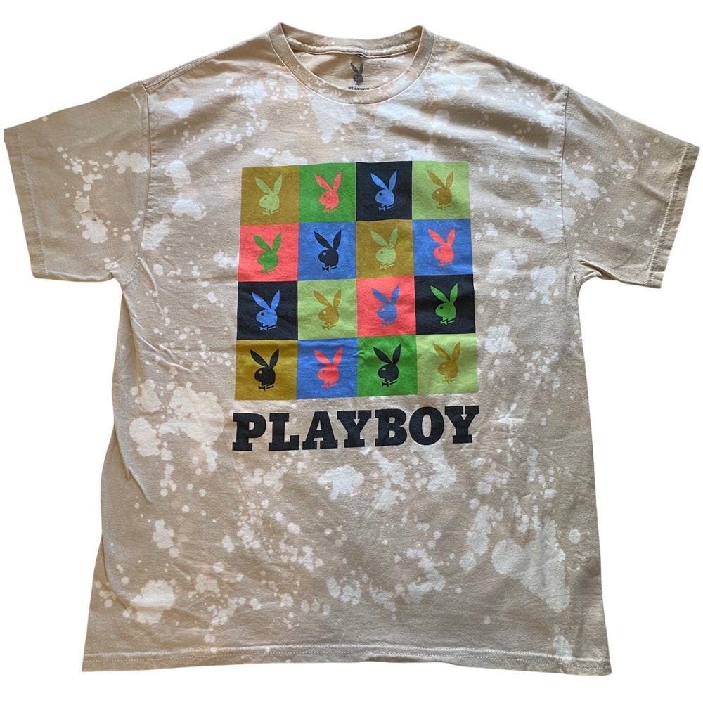Playboy Bunny Colorblock T-Shirt Bleach Splattered Crew Neck‎ Graphic Logo Large